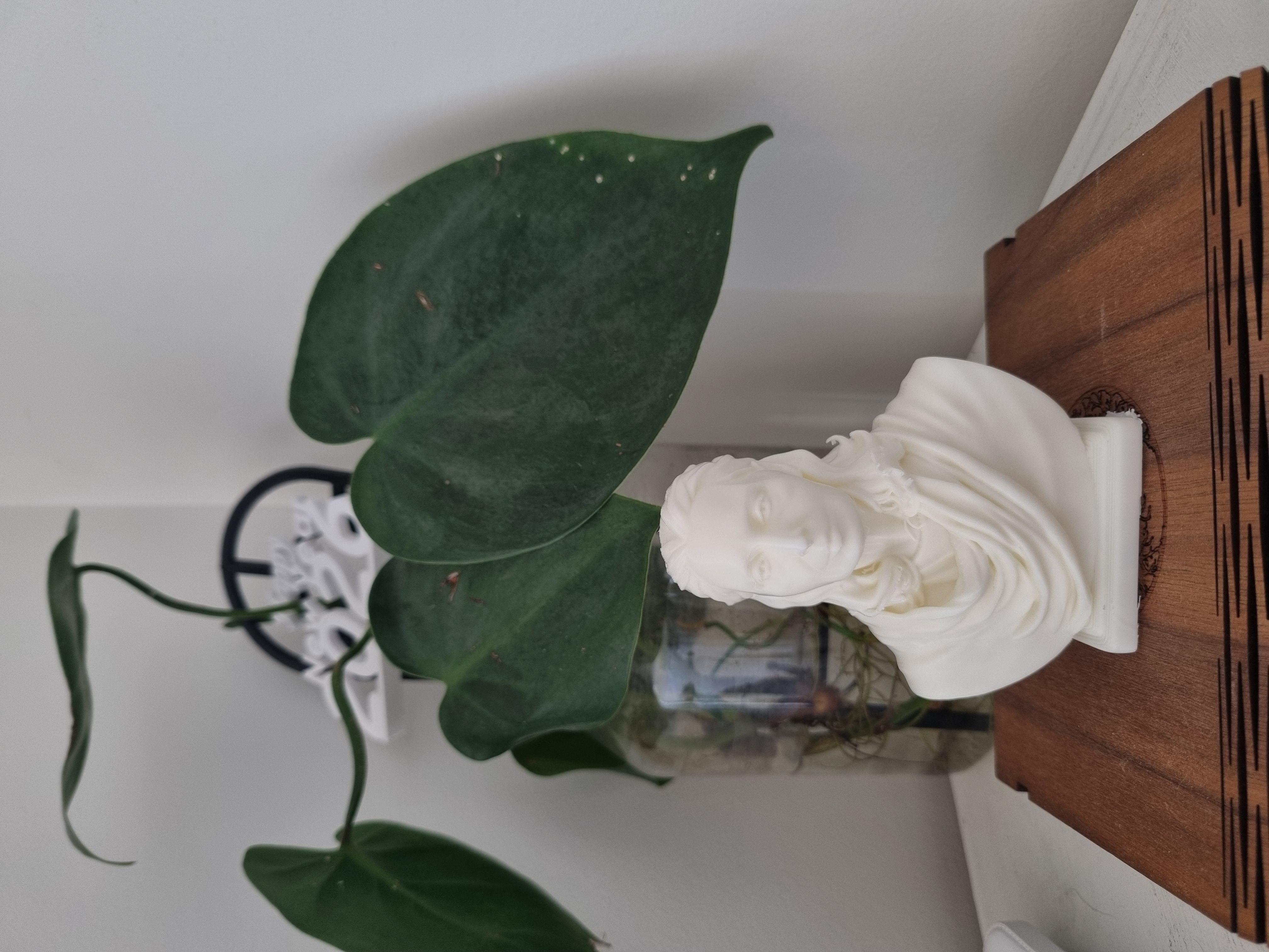 A white 3D printed bust of a woman with short hair, in front of a leafy plant