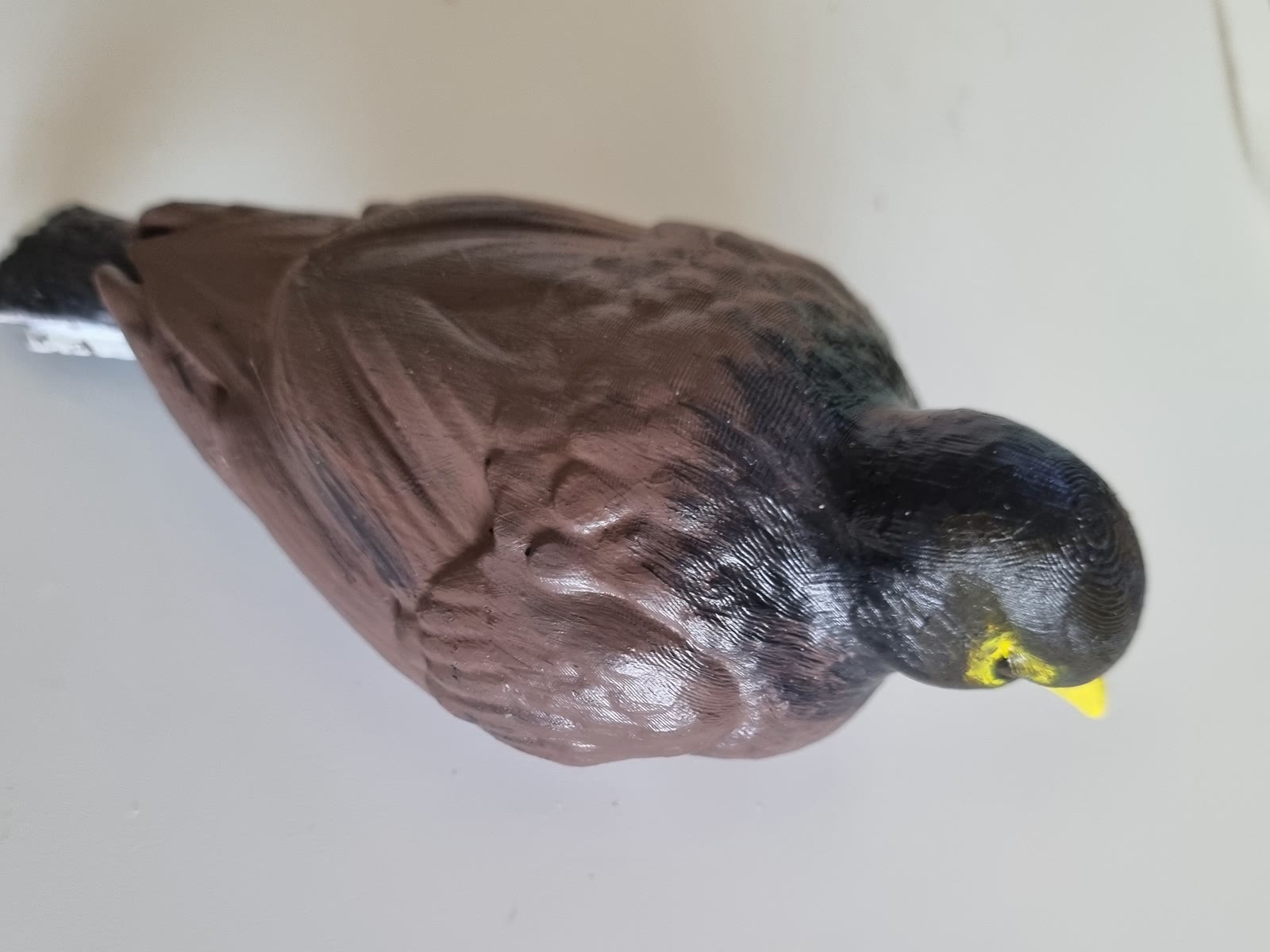 A hand-painted 3D printed noisy miner, an Australian bird, with a grey-brown body, a black head, and a yellow beak